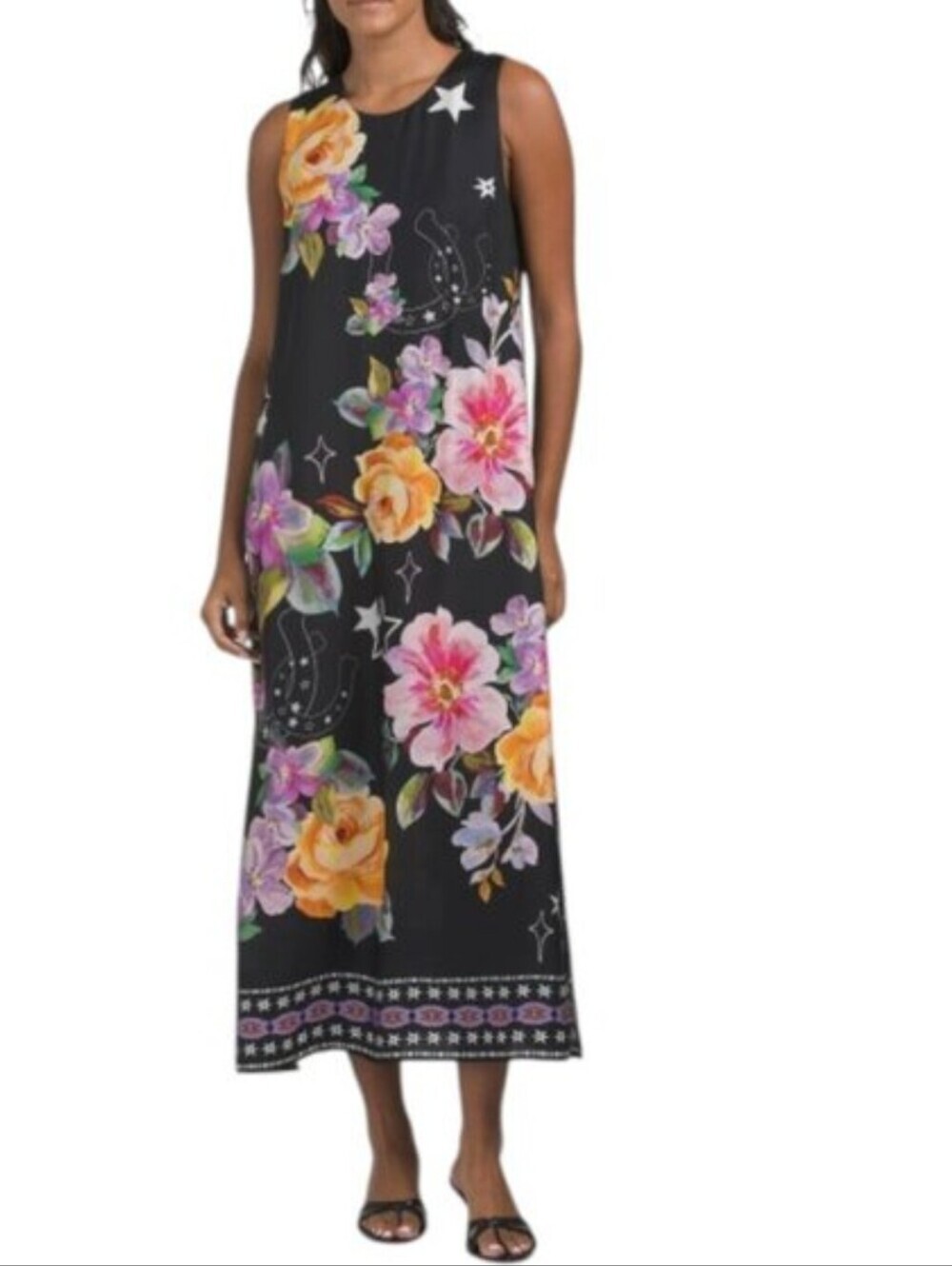 Johnny Was Karolina Black Silk Blend Dress with Pink, Yellow & Purple FloralNWOT